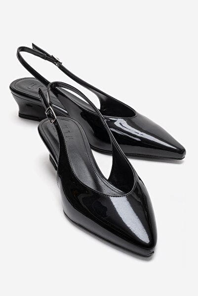 LuviShoes Rosella Black Patent Leather Mini Wedge Women's Heeled Shoes