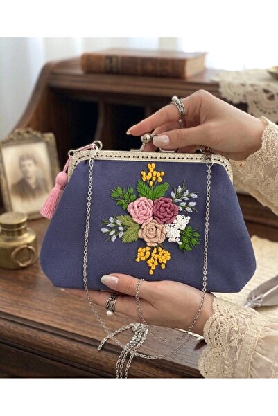Home Keten Kumaş El Nakışlı Vintage Tarzı Çanta. Astar Ve Zincir Detaylı. Nak...