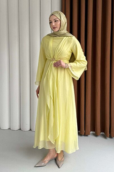 Modaensarbutik Modal Gold Broş Detaylı Tesettür Elbise-SARI