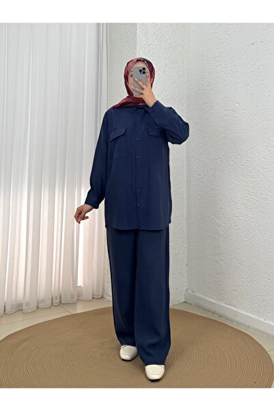 MİHRA STORE Costum cu pantaloni cu buzunare și nasturi Mera Kapak-NA3438 Bleu...