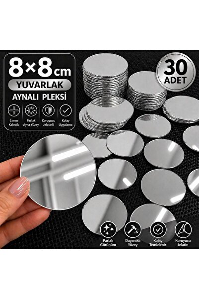pleksi aksesuar 30 Parça 8x8 cm Aynalı Pleksi Yuvarlak Duvar Sticker Ayna Set...