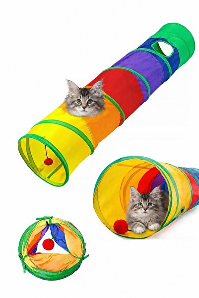 HAYHAYPETSHOP Kedi Oyun Tüneli Katlanabilir Renkli Tünel Oyuncağı Düz Ponpon ...