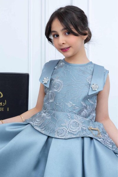 zelia فستان ميكادو للفتيات، رمادي أزرق مطرز