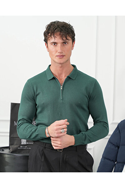 MODEFENDİ Cotton Lycra Slim Fit Molded Collar Zipper Detailed Knitwear Sweater