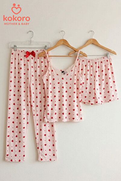 Çilek Desenli Pembe 3'lü Pijama Takımı – Dantelli Askılı Atlet, Uzun Alt ve Şort Set