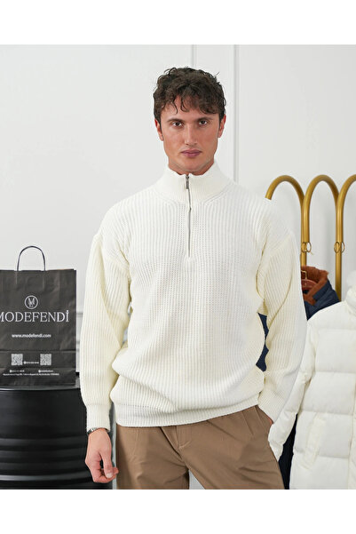 MODEFENDİ Knitted Pattern Zipper Detailed Oversize Sweater