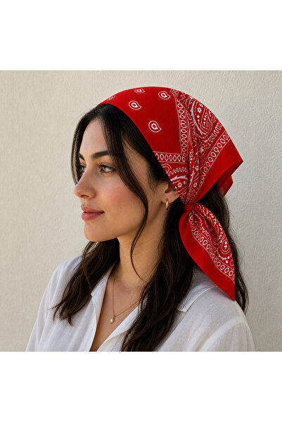 PİNPİN AKSESUAR KIRMIZI BEYAZ ETNİK DESENLİ %100 PAMUK BANDANA 55x55cm