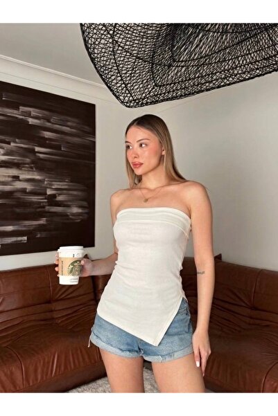 Mels Yırtmaç detaylı Straplez Bluz