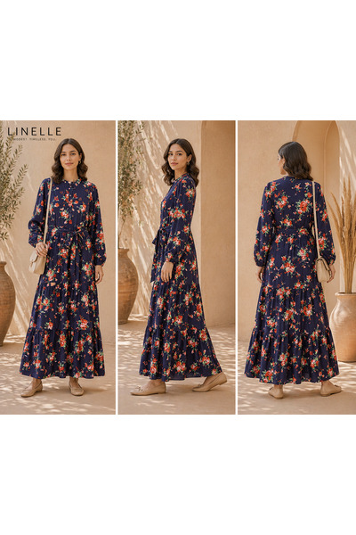 LINELLE Navy Blue & Orange Floral Print Tiered Casual Dress