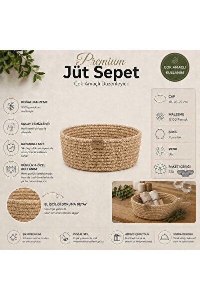 Fabrix Home 3-Piece Round Decorative Cotton Basket Set Chickpea Color Multi-P...