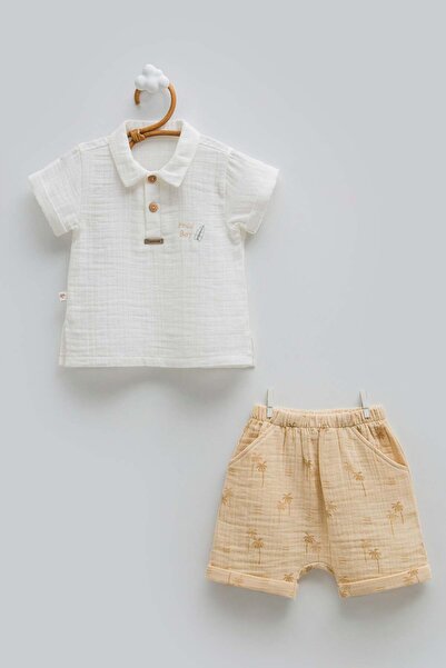 Caramell Baby Boy Shirt Collar Shorts Patterned Muslin 2-Piece Set 3-18 Month...