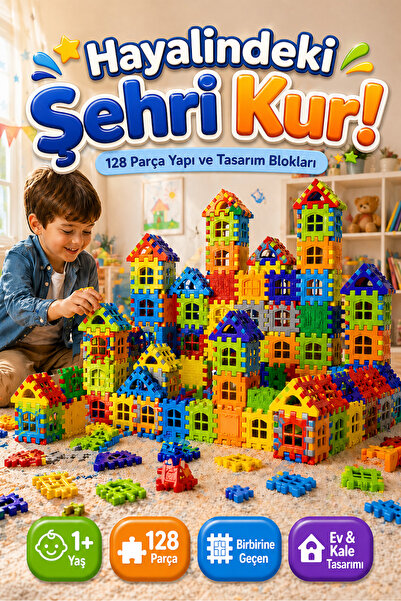 DENAPCAL Puzzle City 3D Yapı Blokları 128 Parça Eğitici Şehir Kurma ve Tasarı...