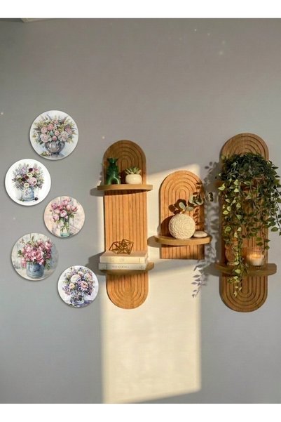 varje Semplice Duvar Rafı Seti Ve Dekoratif Oval 5 Parça Tablo Seti
