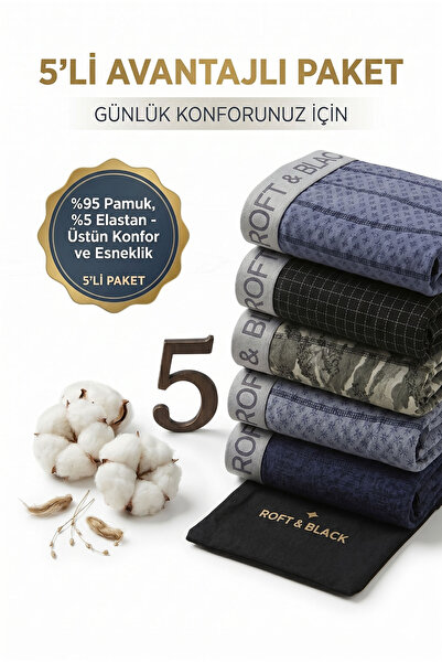ROFT & BLACK Regular Fit 5'li Likralı Desenli Karışık Renk Erkek Boxer Şort