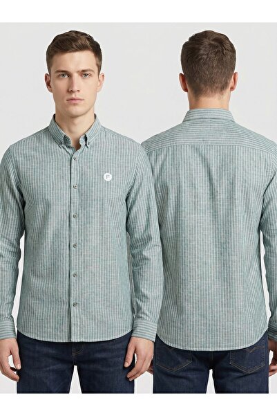 FUSARO Keten Pamuklu Slim Fit Çizgili Erkek Gömlek - Kolay Ütülenebilir Nefes...