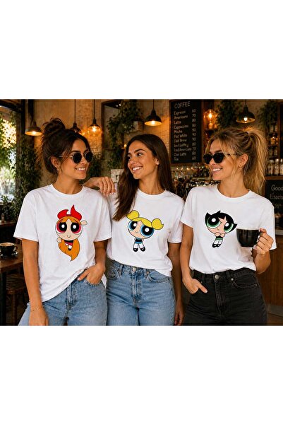 ENSUENO Unisex Powerpuff Girls Baskılı Beyaz Kadın Tshirt 3LÜ SET