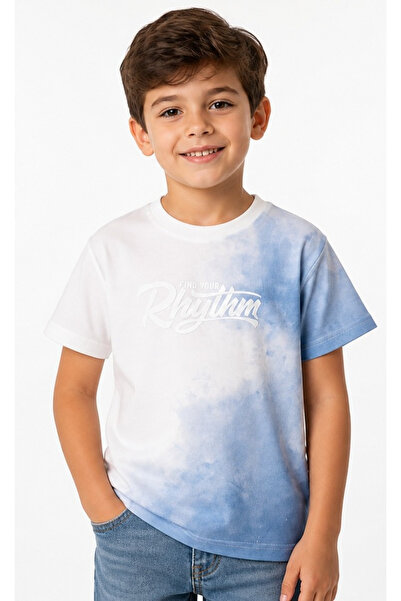 İrem Çocuk Giyim Boy's Rhythm Written Batik Patterned Blue and White Short Sl...