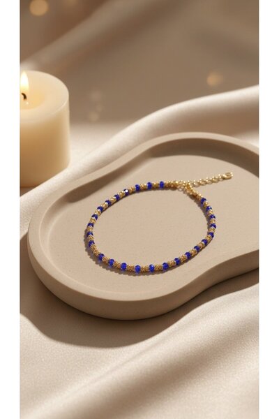 SR Jewelry Box Lacivert Boncuklu Halhal – Altın Detaylı Minimal & Şık Ayak Bi...