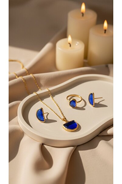 SR Jewelry Box Lacivert Doğal Taş Detaylı 3’lü Takı Seti – Kolye, Küpe & Yüzü...