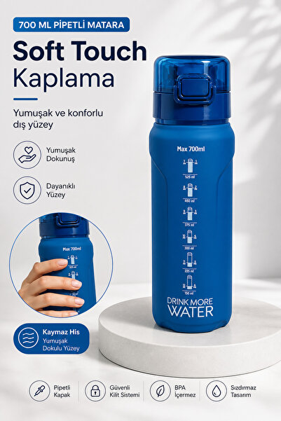 Poomy 700 ml Mavi Motivasyonel Pipetli Su Matarası BPA İçermez Sızdırmaz Spor...