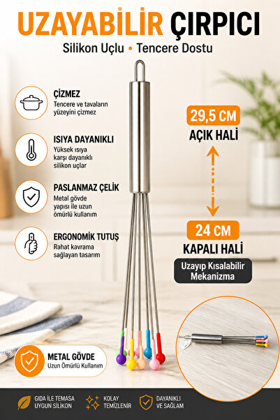 Ayver UZAYIP KISALABİLEN SİLİKON UÇLU TENCERE ÇİZMEZ METAL ÇIRPICI