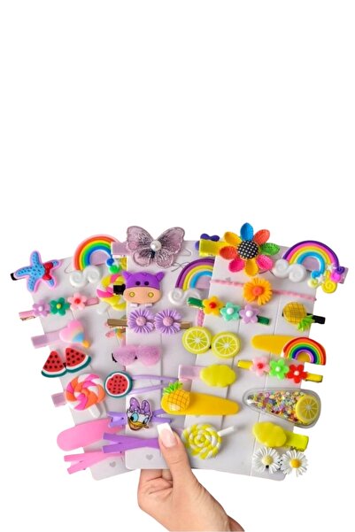 SHEKER HOME 3 Set Kız Çocuk Renkli Pens Toka Seti Meyve Gökkuşağı Çiçek Figür...