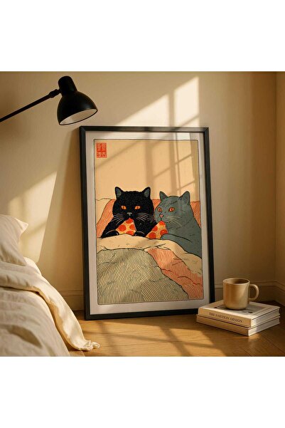 NinaStore Kedi Pizza Baskısı - Sevimli Kedi Çifti Duvar Sanatı - Japon Tarzı ...