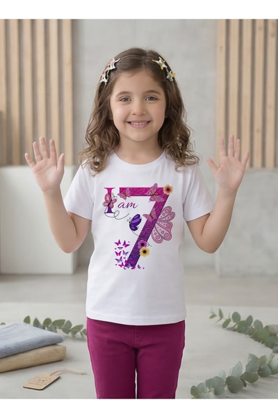 Funkaar Birthday Girl, 7th Year Butterfly Birthday Graphic Print T-Shirt