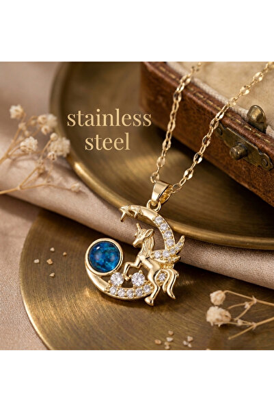 stainless steell سلسلة ذهبية اللون، نموذج يونيكورن من الحجر الكبير، قلادة من ...