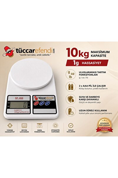 Tüccarefendi SF-400 DİJİTAL MUTFAK TERAZİSİ 10 KG MAKSİMUM KAPASİTE – 1 GR HA...