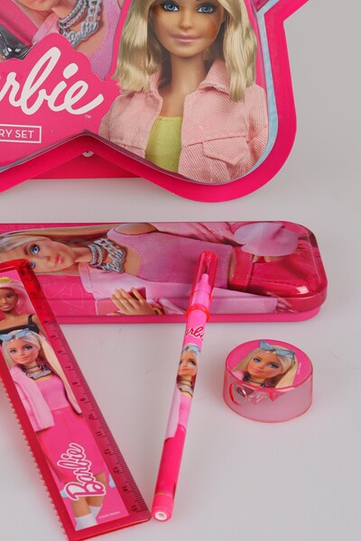 Barbie x Dekomus Lisanslı Yıldız Tasarımlı 5'li Kırtasiye Seti Metal Kalem Kutusu,Cetvel,Kalem