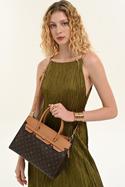 Pierre Cardin Women's Brown Monogram Patterned Shoulder Bag with Adjustable S...