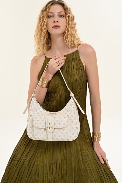Pierre Cardin Women's Monogram Patterned White Adjustable Shoulder Bag