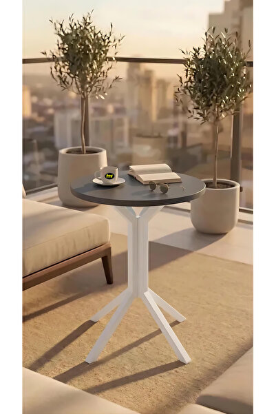hey modüler mobilya Yıldız Yuvarlak Antrasit Gri 50 cm Balkon Masası Yan Sehpa Mutfak Yemek Masası Beyaz Ayak