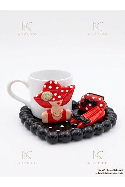 NURA CO Coffee Cup and Black Saucer Set with Polka Dot Hat Woman Figure