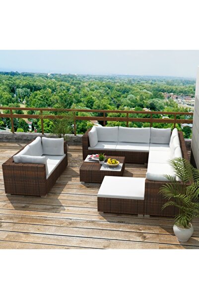 vidaxl Set mobilier de gradina cu perne, 10 piese, maro, poliratan