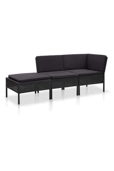 vidaxl Set mobilier de gradina cu perne, 3 piese, negru, poliratan