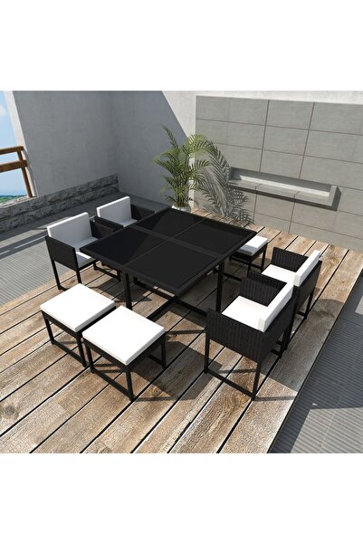 vidaxl Set mobilier de exterior cu perne, 9 piese, negru, poliratan