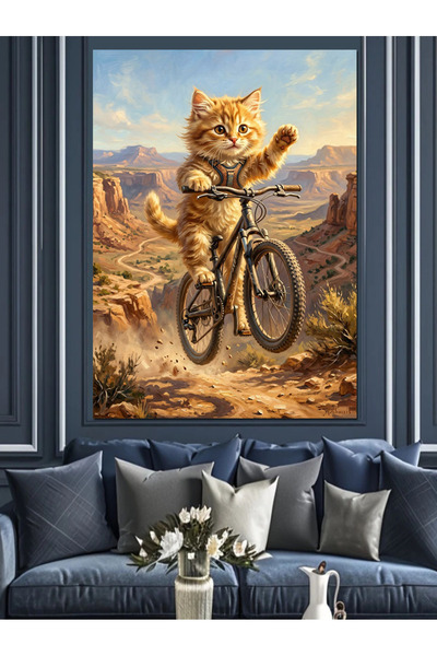 Artmeg Smiling Orange Cat Riding a Bicycle Decorative Canvas - Mdf Wood Painting