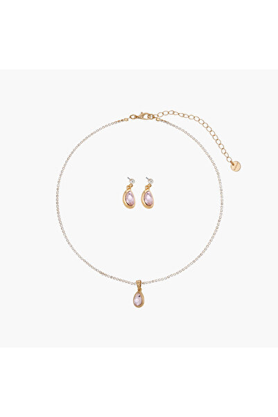 Lifestyle Set of 2 - Stone Embellished Gold Tone Pendant Necklace and Earrings