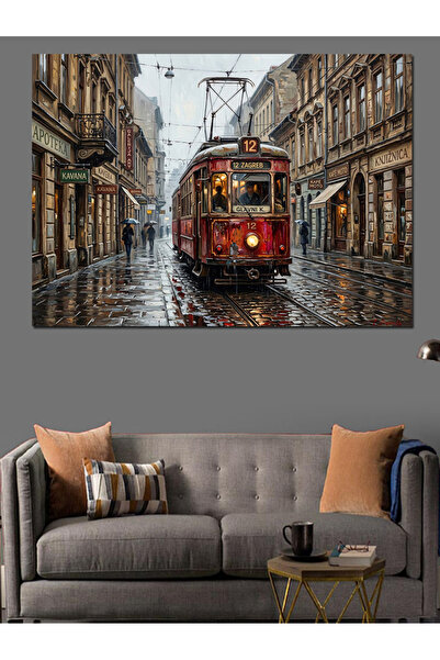 Artmeg Tramvai roșu nostalgic care se deplasează prin oraș - Pânză decorativă...