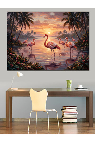 Artmeg Pânză decorativă cu flamingo roz tropicali la apusul soarelui - Tablou...