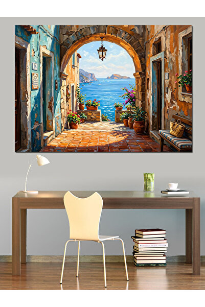 Artmeg Balcon italian floral cu vedere la mare, pânză decorativă - Masă din l...