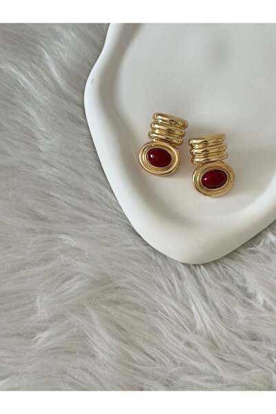 Revoia Bordo Detaylı Gold Vintage Küpe