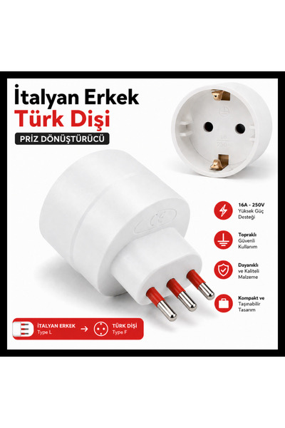 Tek-İş İtalyan Erkek Fiş Türk Priz Dönüştürücü Type L to Type F Priz Adaptörü...