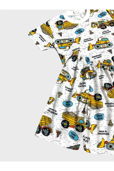 ALİŞ KİDS Boy's Cotton White Car Engineering Vehicle Patterned Short Sleeve Shorts Summer Pajama Set