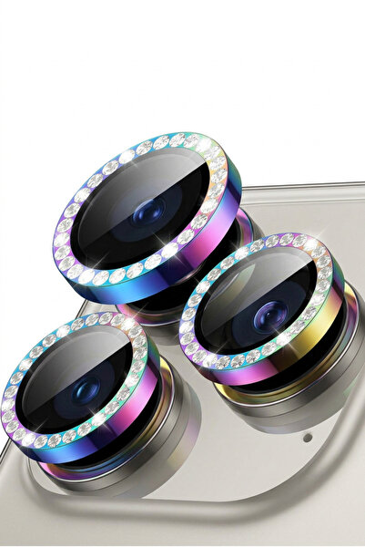 iPhone 16 Pro / 16 Pro Max Taşlı Kamera Lens Koruyucu Premium Halka Kristal Taşlı Lens Koruma - Gökkuşağı