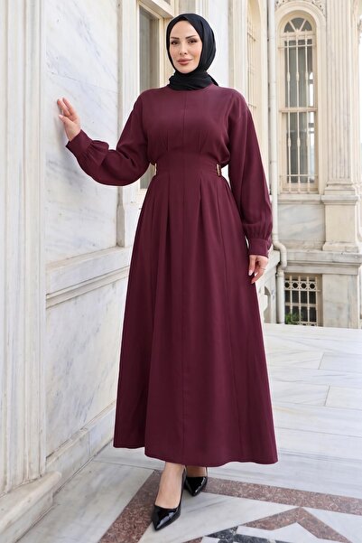 hafsamina Beli Lastikli Yandan Tokalı Pensli Modal Elbise Bordo HM2909