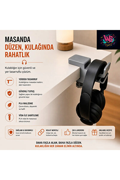 WLS studio Kulaklık Standı | Masa Kenarı Asılabilir Oyuncu Kulaklık Tutucu As...