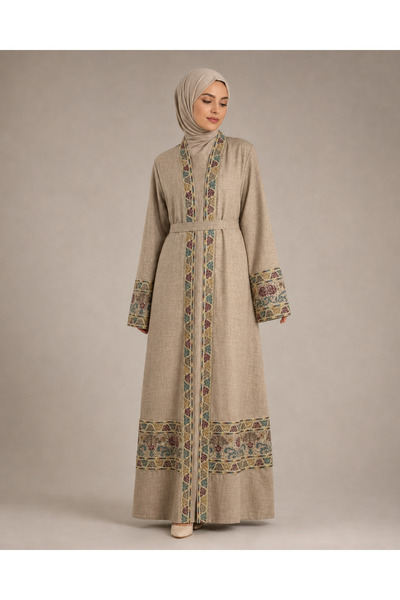 ZENYA Abaya Lina Abaya Bej Etnik Nakış İşlemeli Kuşaklı İçlikli Tesettür Abiye